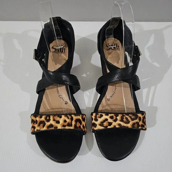 NEW Sofft Innis Sandal Womens 9.5 Black Leather Cheetah Print Strappy Wedge - Picture 6 of 13